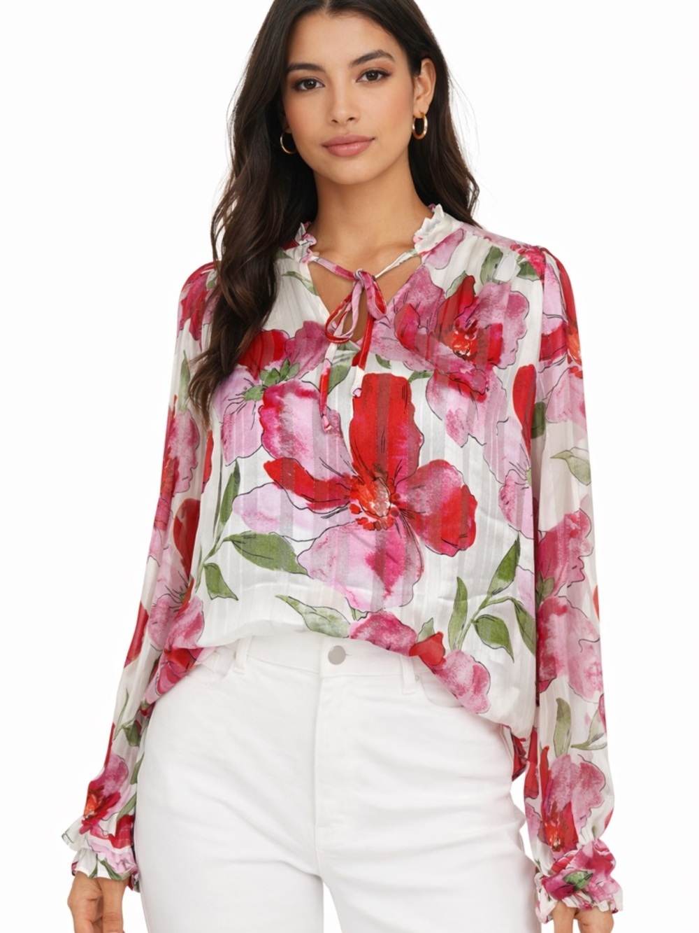Joie Floral Sheer Blouse XS Pink Red Long Sleeve Boho Tie Neck Top NWT